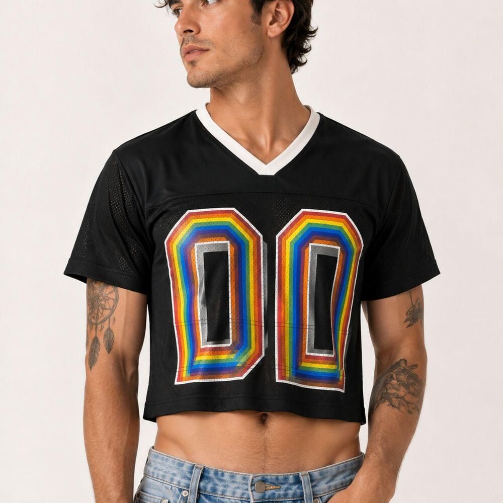 Pride Cropped Mesh Football Jersey Adult L Rainbow Striped Shirt Black NWT